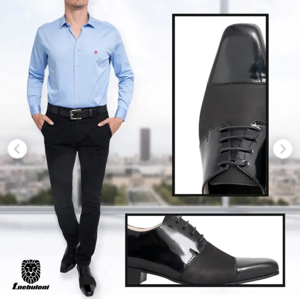 F. Nebuloni Men's Formal Black Patent Leather/Canvas Oxford Cap Toe Size 41